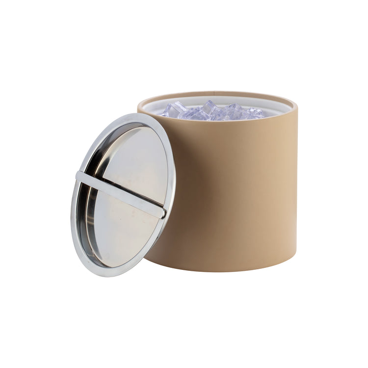 Beige | Leatherette ice bucket polished bridge cover off to the side and filled with ice.
