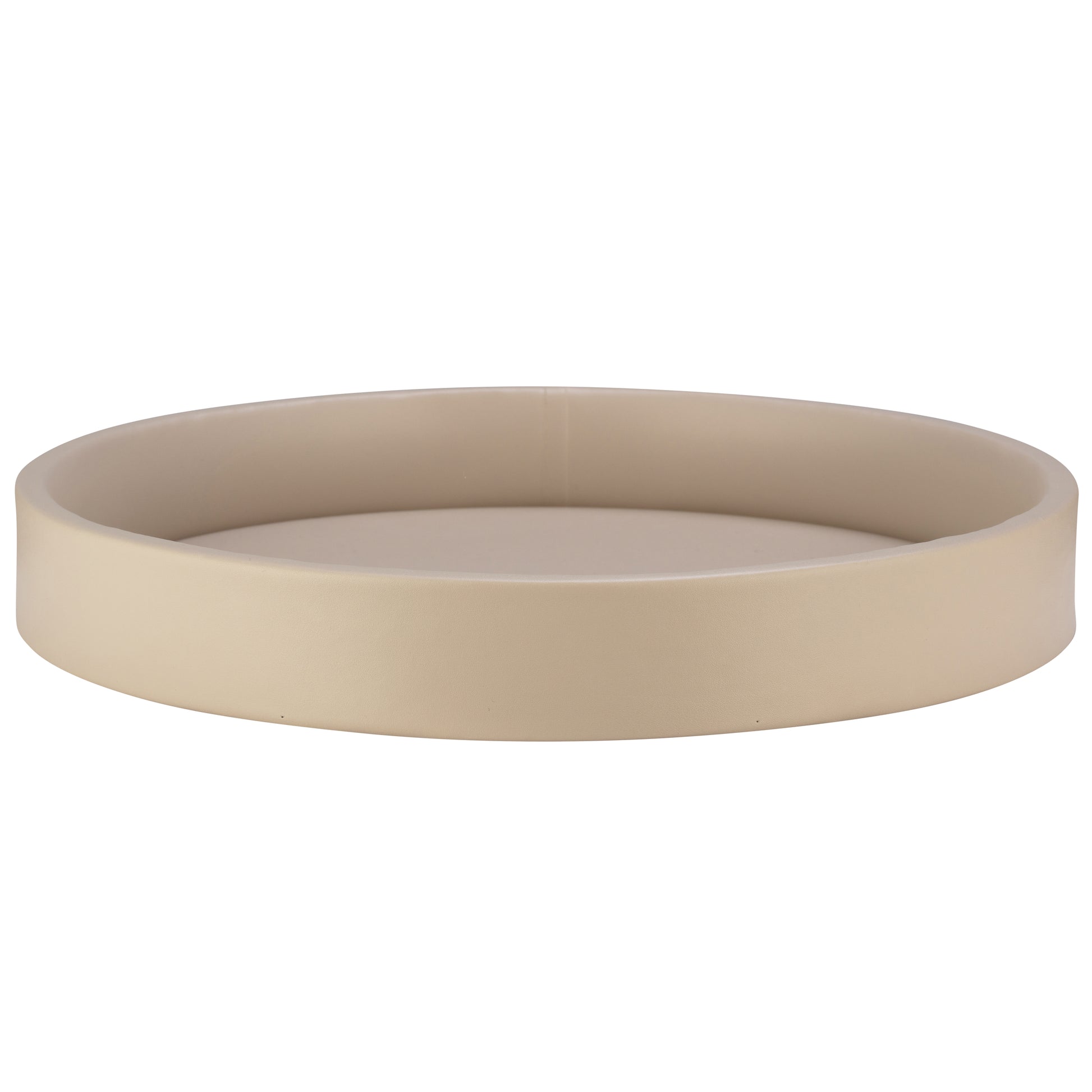 Taupe | Detail view of the rim on the gallery leatherette round tray.