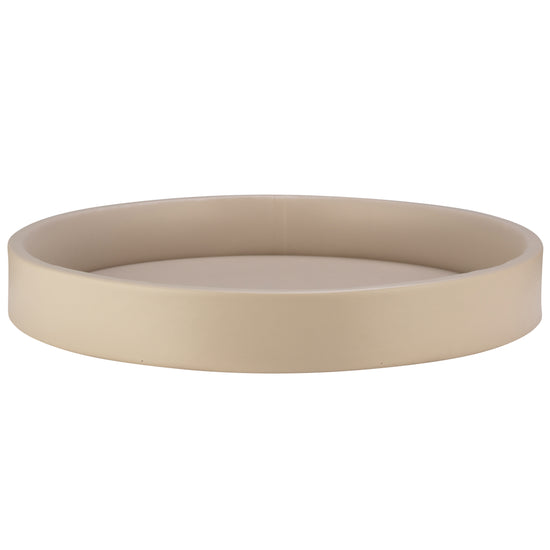 Taupe | Detail view of the rim on the gallery leatherette round tray.