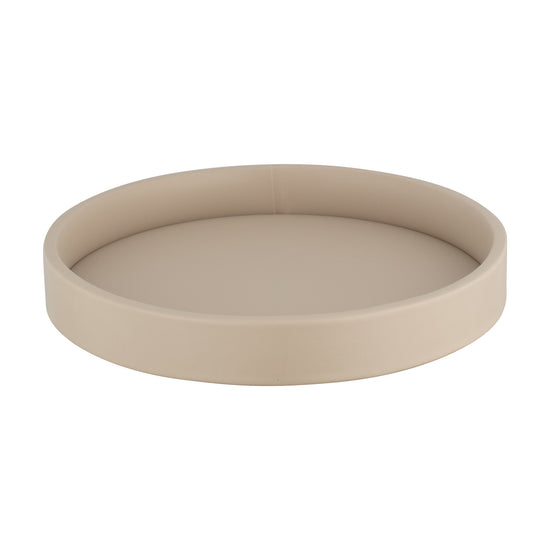 Taupe | Top-down view of the round leatherette gallery serving tray.