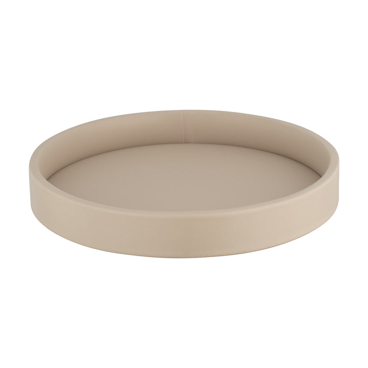 Taupe | Top-down view of the round leatherette gallery serving tray.