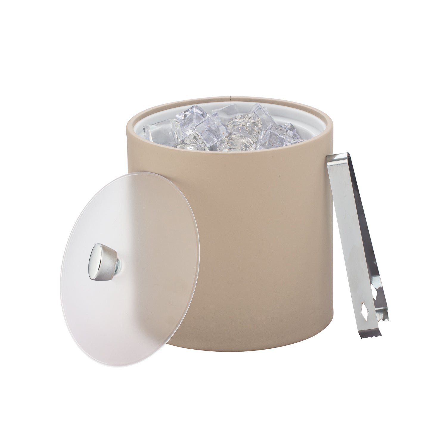 Taupe | Sleek 3QT ice bucket with acrylic lid and polished chrome arc knob, styled with ice inside and ice tongs.