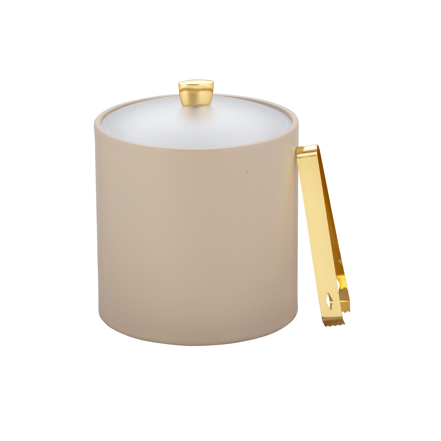 Taupe | Ice bucket for entertaining guests with a frosted acrylic cover and luxurious gold arc-shaped knob.