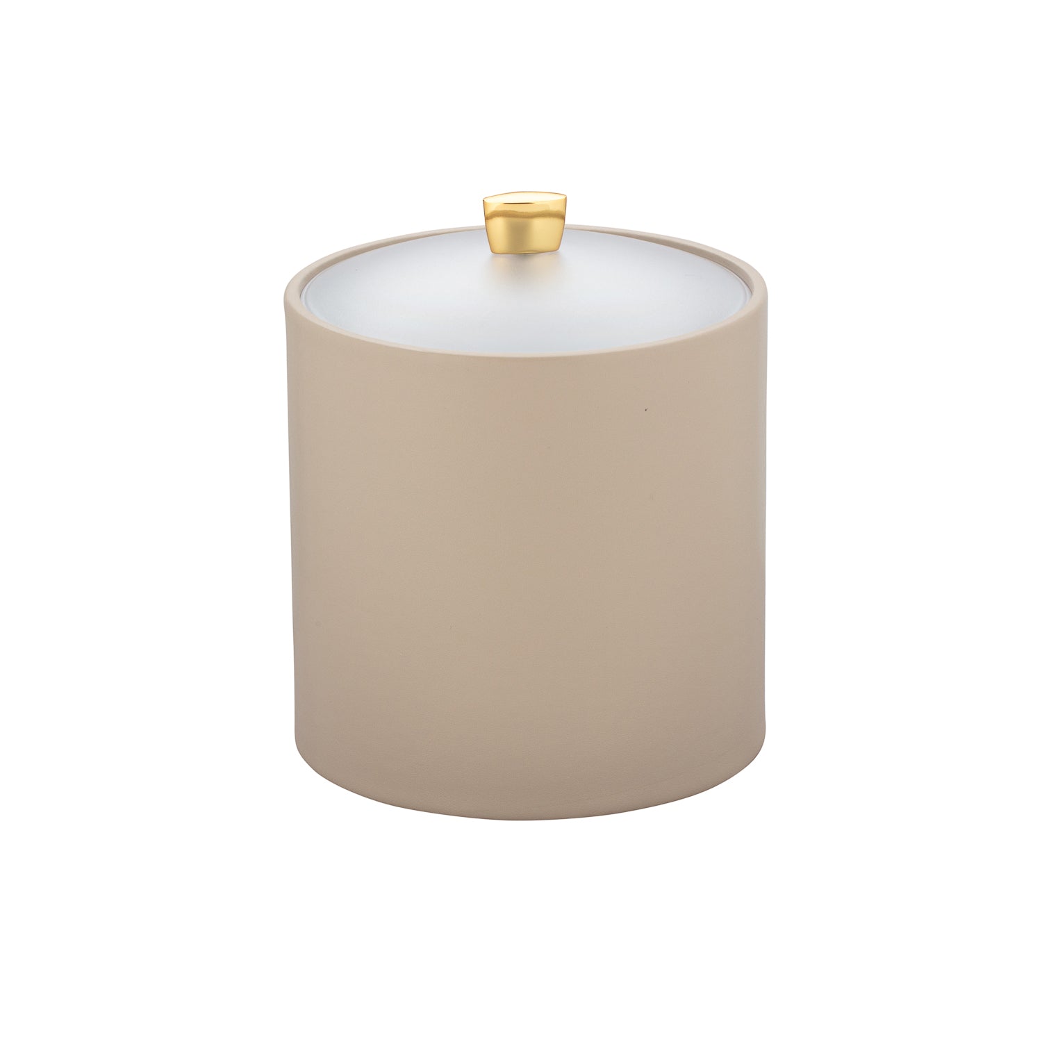 Taupe | Sophisticated ice bucket with polished gold arc knob and acrylic cover on a white background.