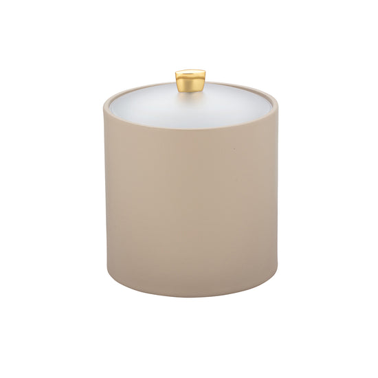 Taupe | Sophisticated ice bucket with polished gold arc knob and acrylic cover on a white background.