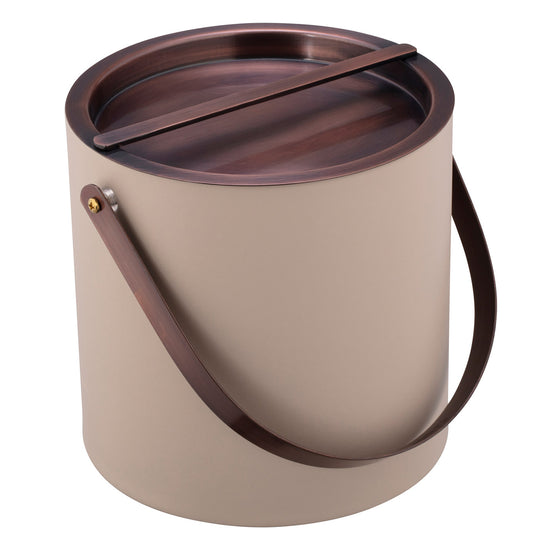 Taupe | Stylish ice bucket with oil rubbed bronze bridge-style cover and curved arch handle design.