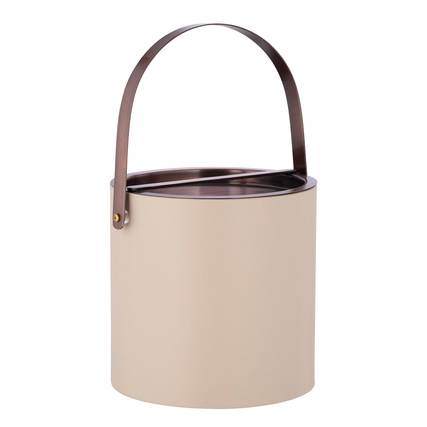 Taupe | Classic ice bucket with oil rubbed bronze bridge lid and coordinating arch handle on a white background.