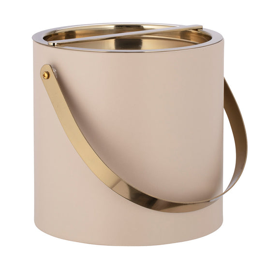 Taupe | Smooth leatherette ice bucket with gold-finished cover on a white background.