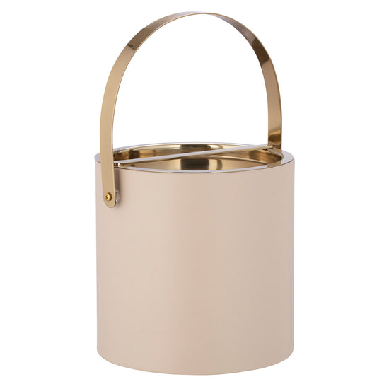 Taupe | Polished gold arch handle on a taupe leatherette ice bucket with elegant detail.