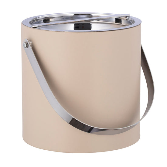 Taupe | Manhattan leatherette ice bucket detail view of the smooth leatherette and arch handle down.
