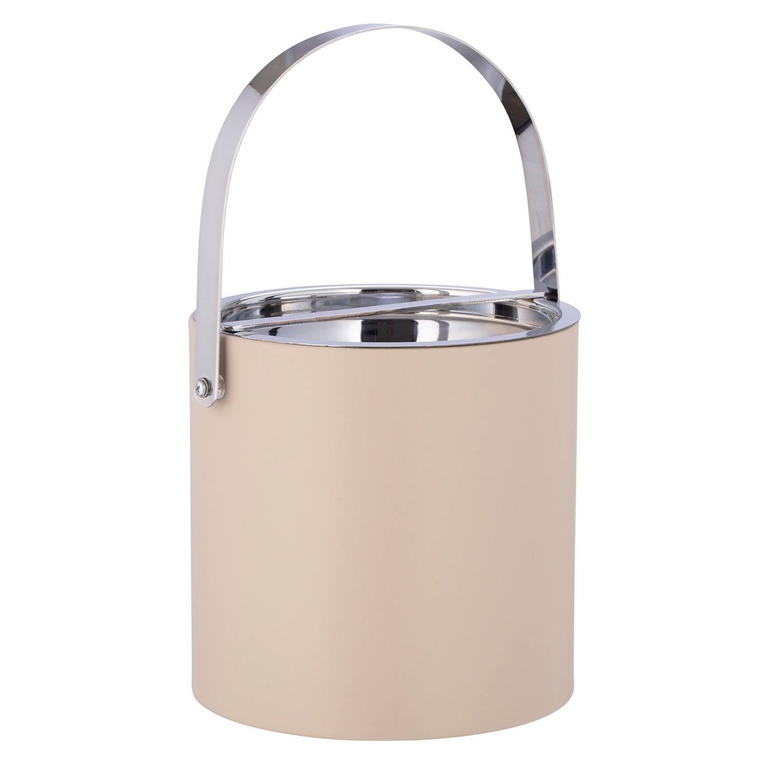 Taupe | Manhattan leatherette ice bucket full view with the polished bridge cover and arch handle up.