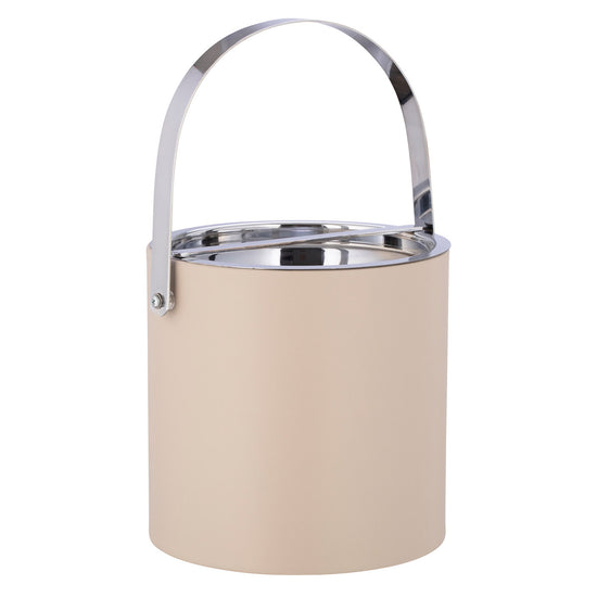 Taupe | Manhattan leatherette ice bucket full view with the polished bridge cover and arch handle up.