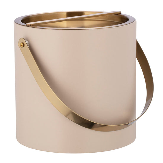 Taupe | 3-quart leatherette ice bucket with luxe brushed gold accents, shown on a white backdrop.