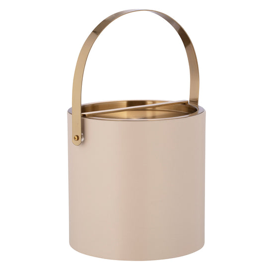 Taupe | Front view of leatherette ice bucket with smooth texture and brushed gold handle and lid, centered on white.