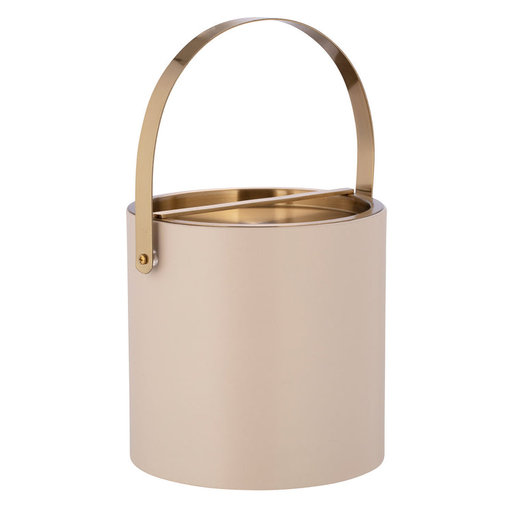 Taupe | Front view of leatherette ice bucket with smooth texture and brushed gold handle and lid, centered on white.
