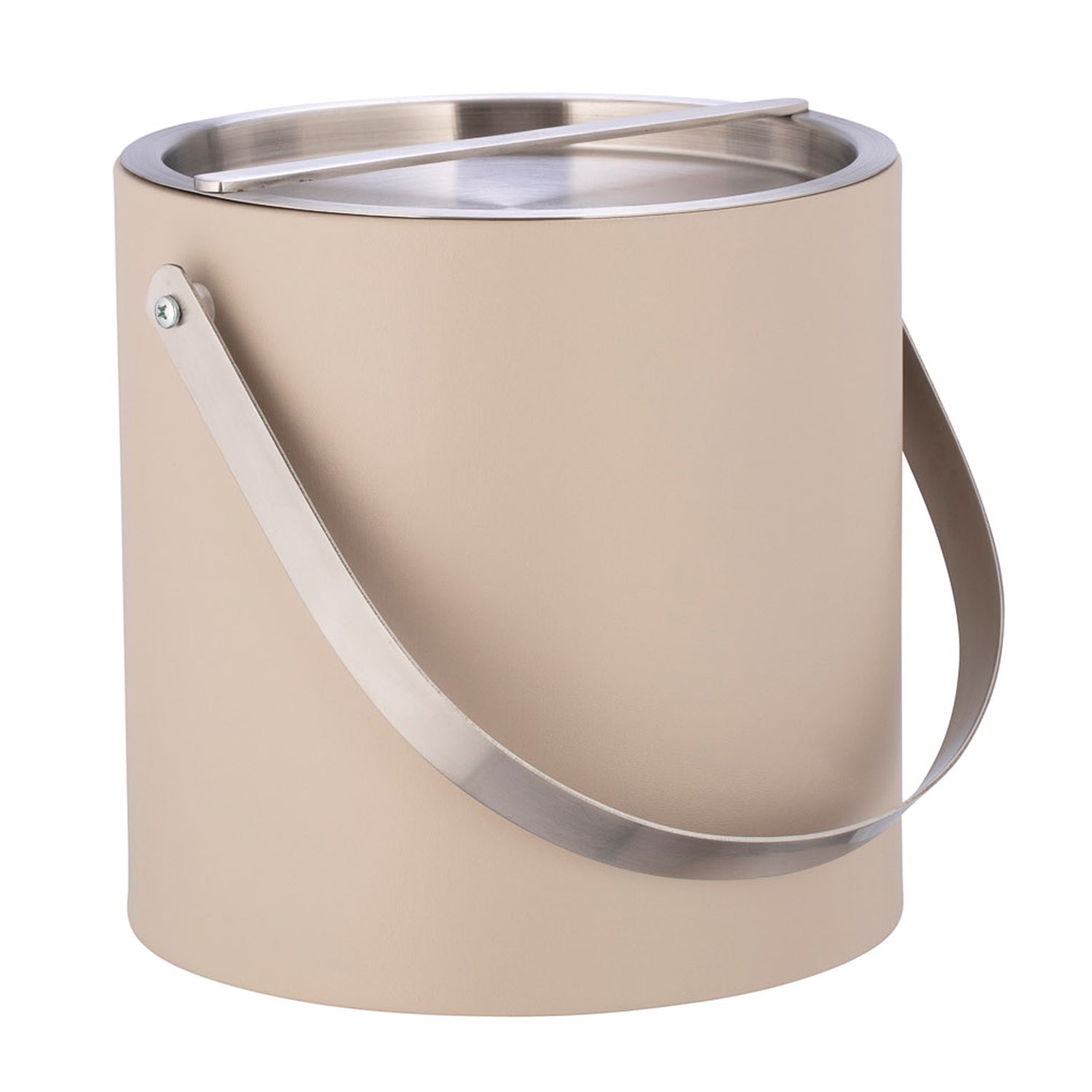 Taupe | Close-up of chrome arch handle on leatherette ice bucket.
