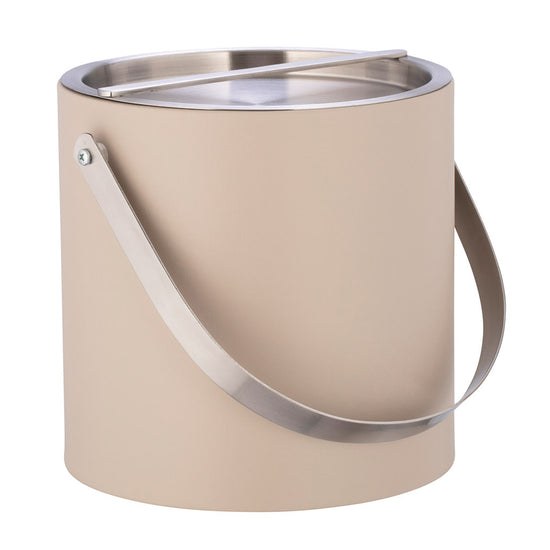 Taupe | Close-up of chrome arch handle on leatherette ice bucket.