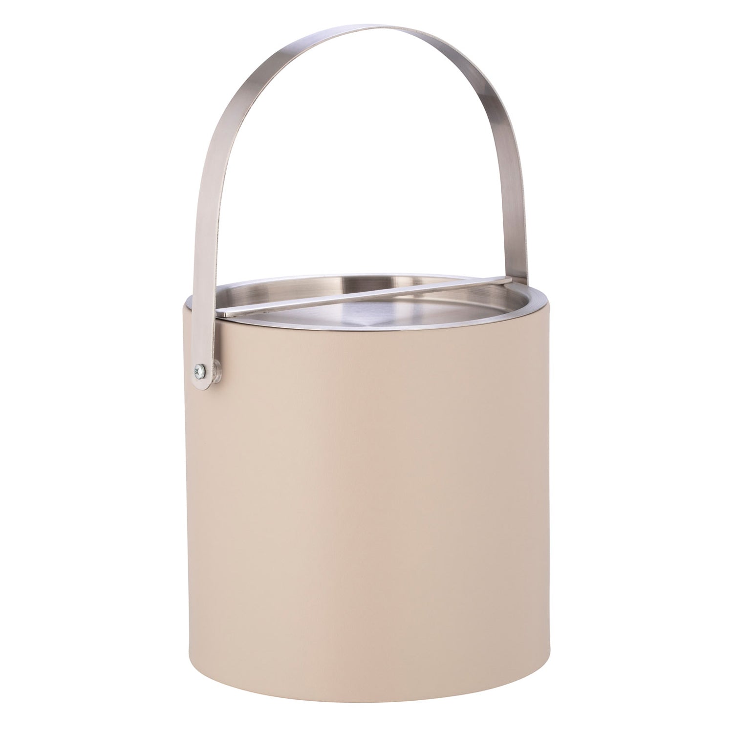 Taupe | 3qt leatherette ice bucket with the brushed chrome arch handle up.