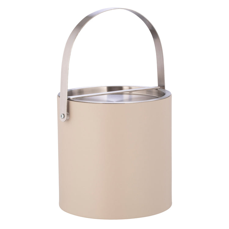 Taupe | 3qt leatherette ice bucket with the brushed chrome arch handle up.