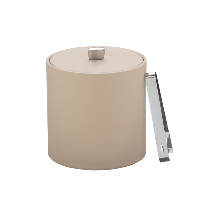 Taupe | Ice bucket with smooth leatherette body and reflective chrome knob, designed for modern bar settings.