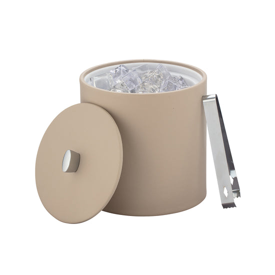 Taupe | 3qt Ice bucket with the material cover to the side, interior view with ice filled inside with a matching ice tong.