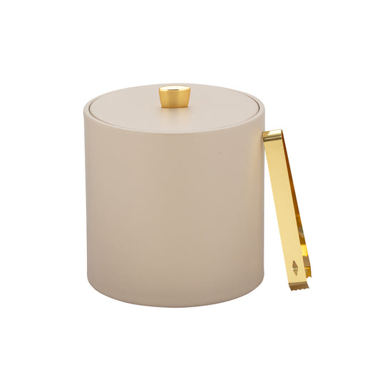 Taupe | Round leatherette ice bucket with lid and elegant gold arc knob.