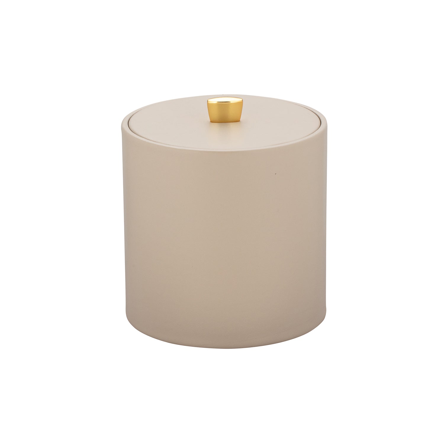 Taupe | Leatherette ice bucket with gold arc knob styled for an upscale home bar.