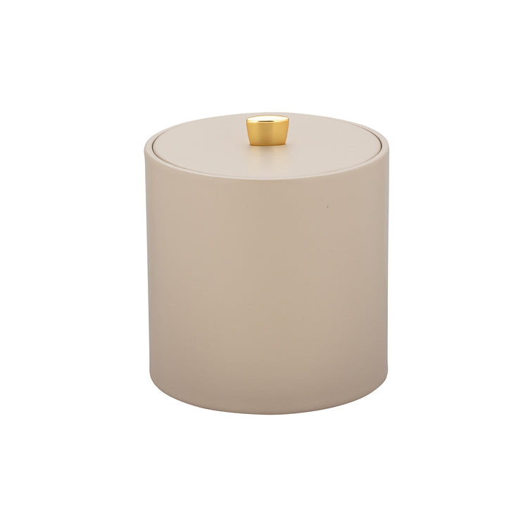 Taupe | Leatherette ice bucket with gold arc knob styled for an upscale home bar.