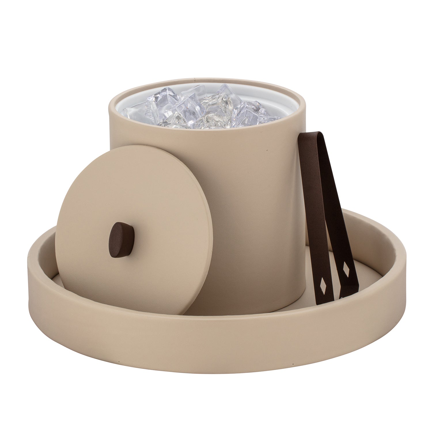 Oil Rubbed Bronze | Matte ice tongs placed on a serving tray with an ice bucket.