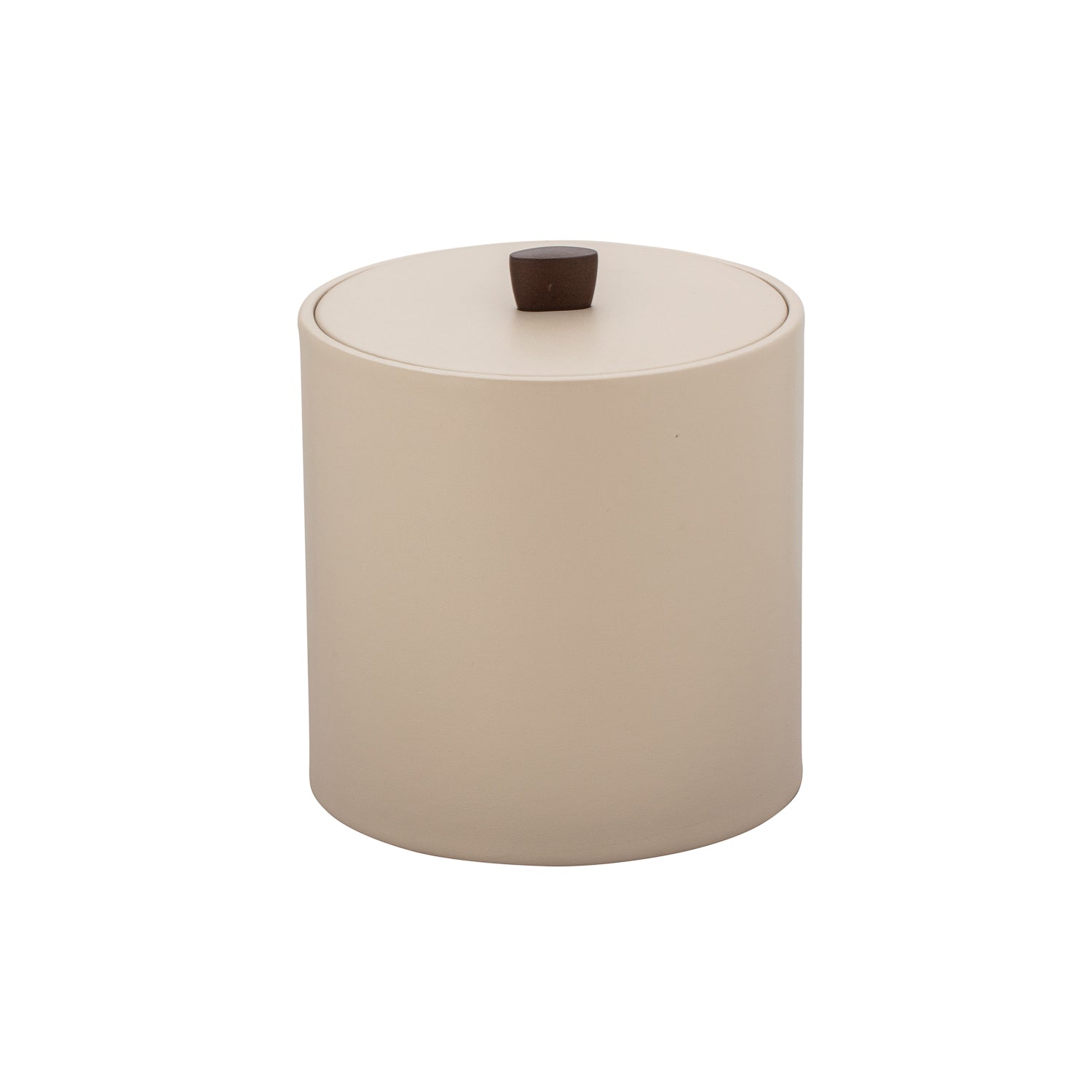 Taupe | 3qt leatherette ice bucket with bronze arc knob on a white background.