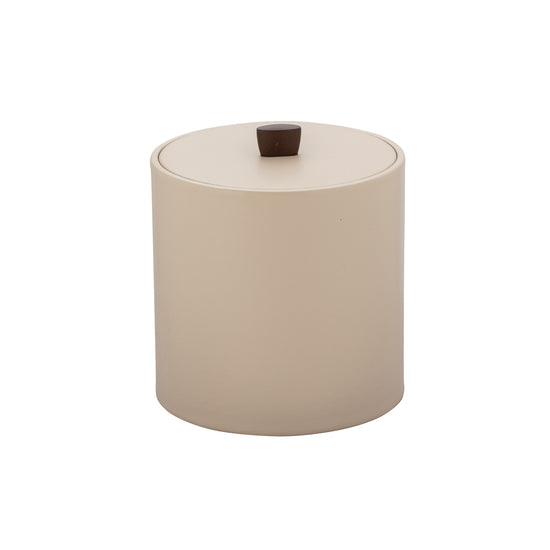 Taupe | 3qt leatherette ice bucket with bronze arc knob on a white background.