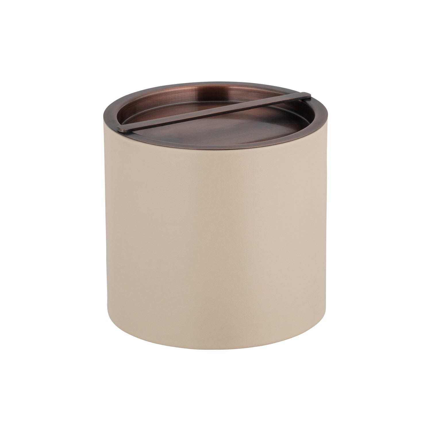 Taupe | Leatherette 3QT ice bucket with an oil-rubbed bronze bridge-style lid.