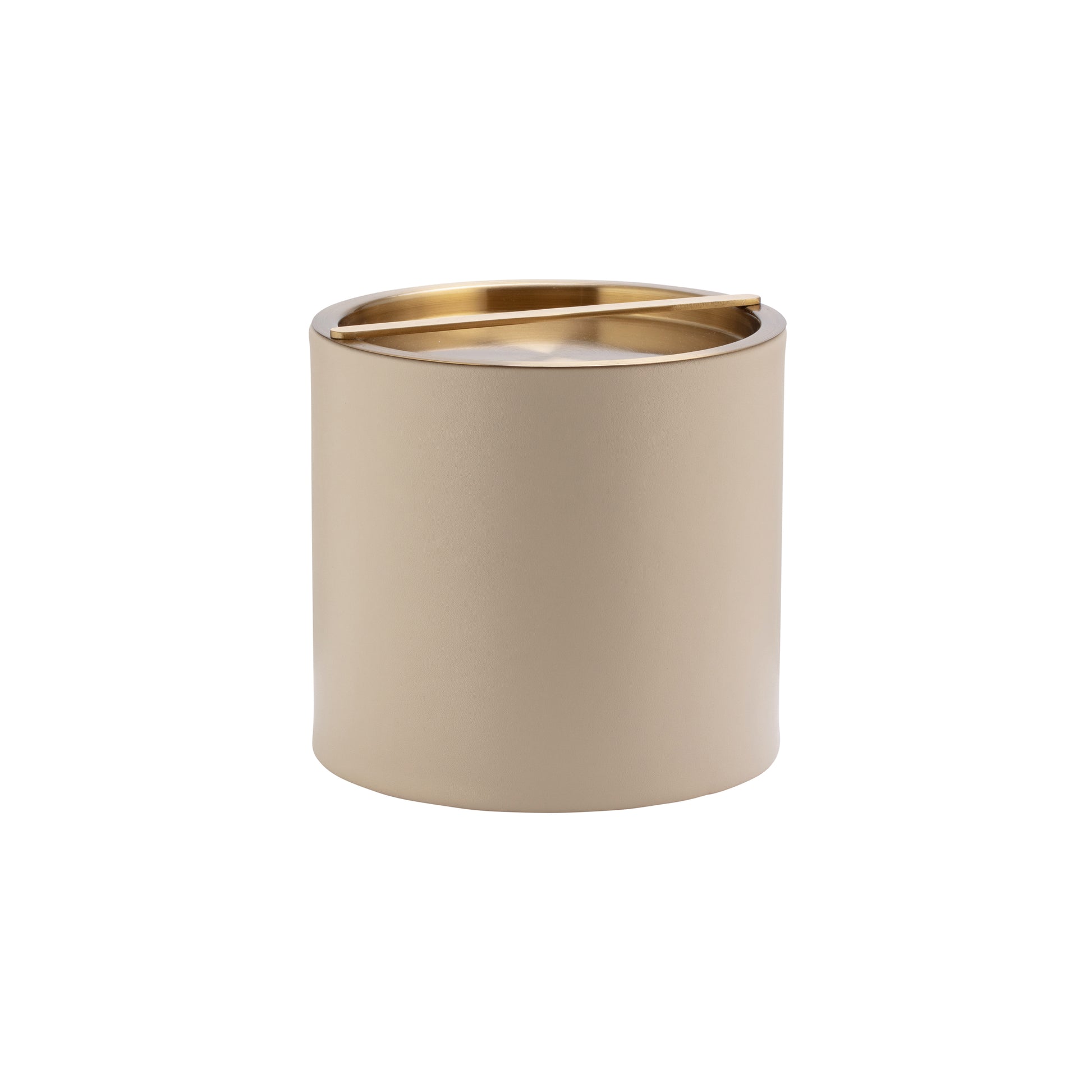 Taupe | Leatherette 3QT ice bucket with smooth edges and gold lid, placed on white background.