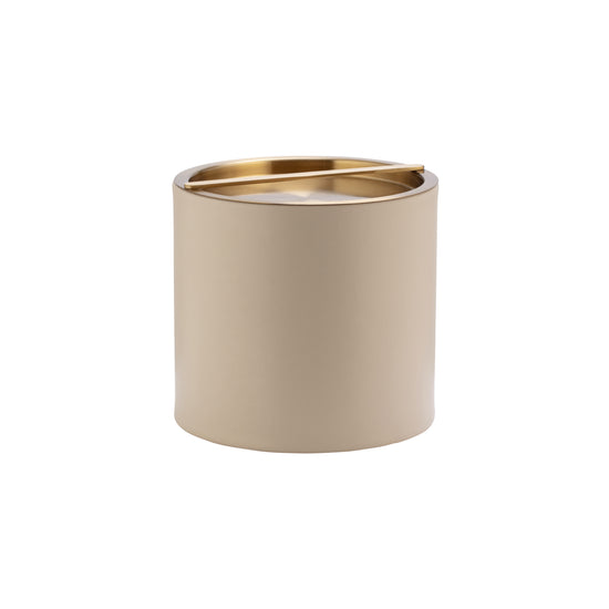 Taupe | Leatherette 3QT ice bucket with smooth edges and gold lid, placed on white background.