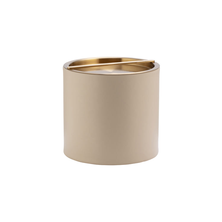 Taupe | Leatherette 3QT ice bucket with smooth edges and gold lid, placed on white background.