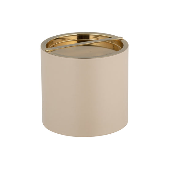 Taupe | Minimalist ice bucket with a leatherette body and matte gold cover, displayed on a white surface.