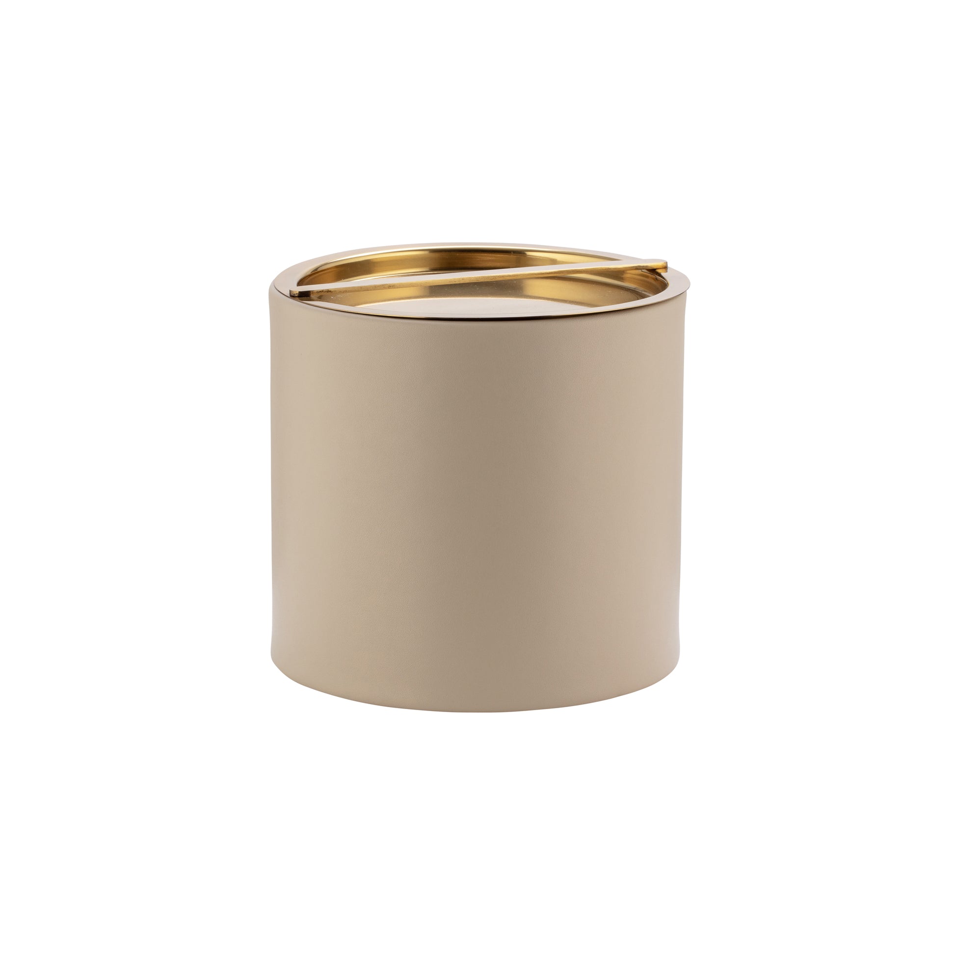 Taupe | Ice bucket wrapped in smooth leatherette with a polished gold cover placed on top.