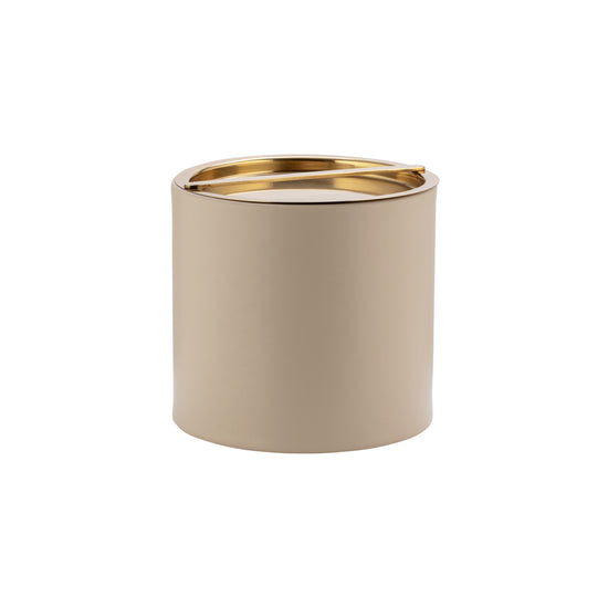 Taupe | Ice bucket wrapped in smooth leatherette with a polished gold cover placed on top.