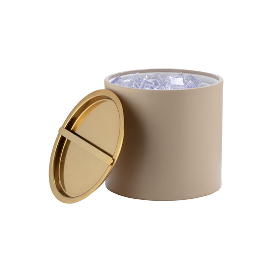 Taupe | Luxe open ice bucket with cover off to see ice cubes inside.