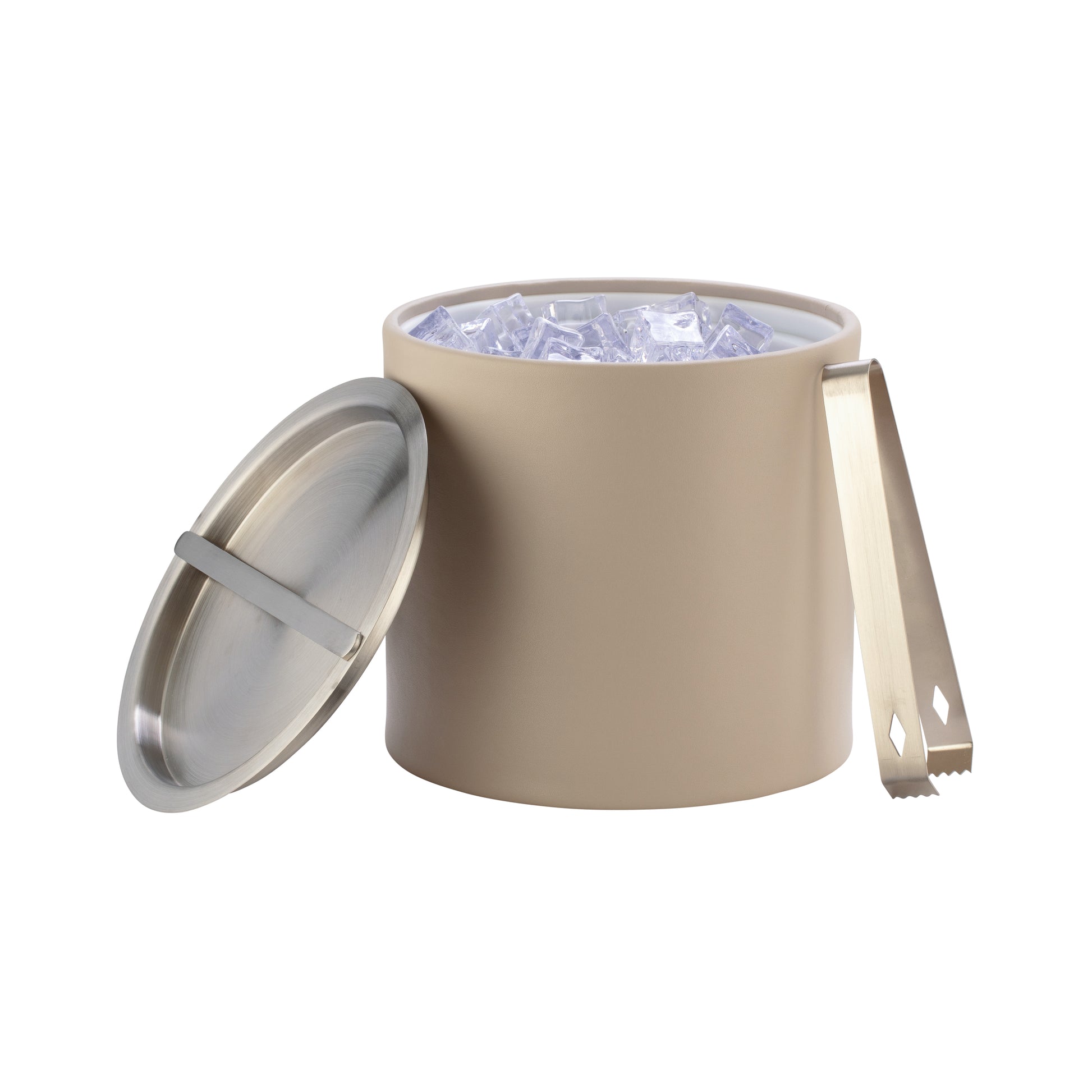 Beige | Leatherette-wrapped ice bucket with brushed chrome bridge cover.