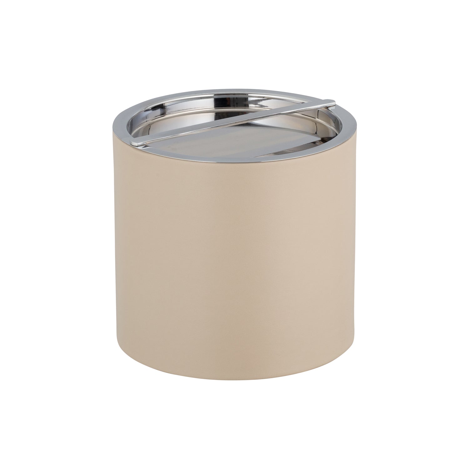 Taupe | Leatherette ice bucket with the chrome cover on.