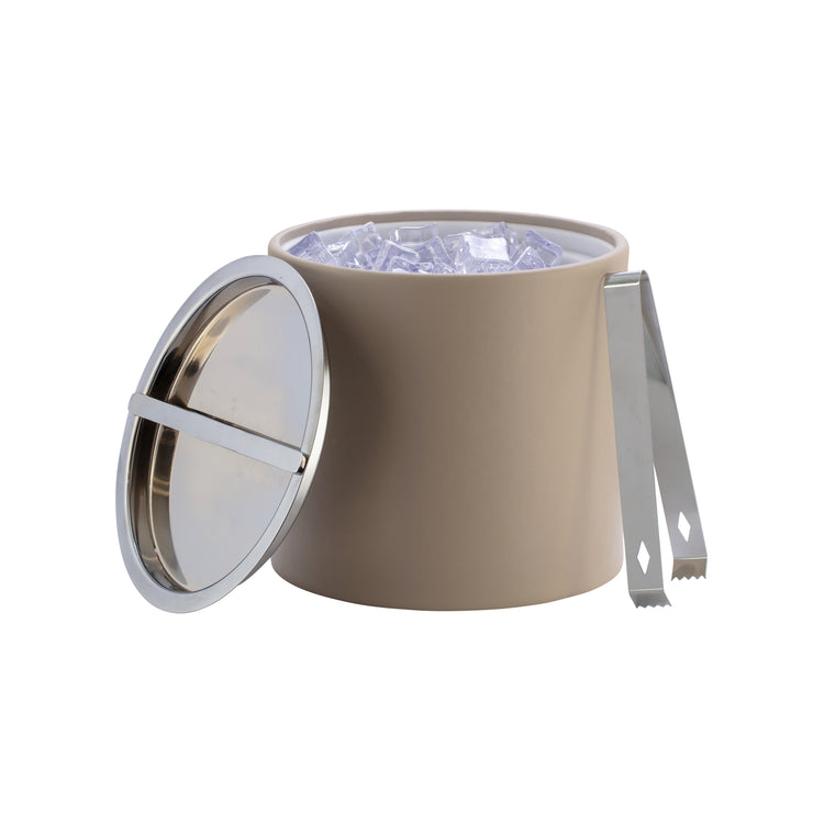 Taupe | Leatherette ice bucket filled with ice cubes and ice tongs.