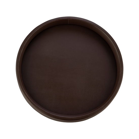 Chocolate | Inside view of the smooth leatherette material of the gallery 14" round tray.