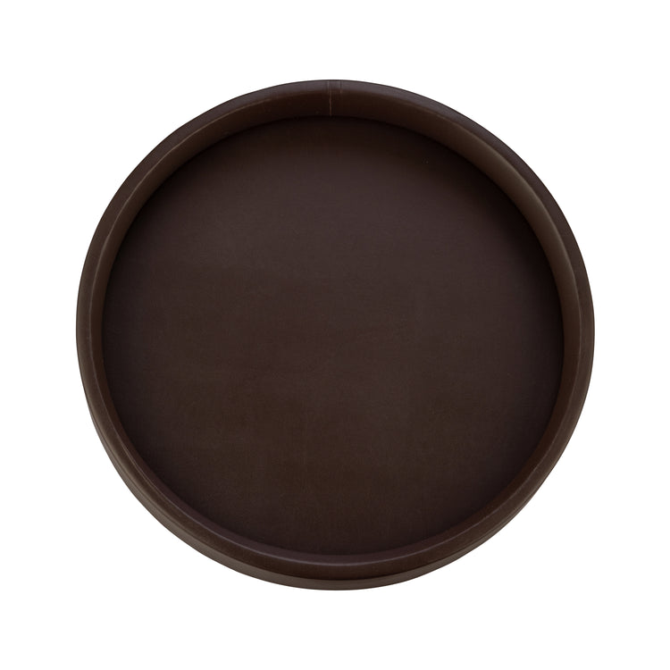 Chocolate | Inside view of the smooth leatherette material of the gallery 14" round tray.