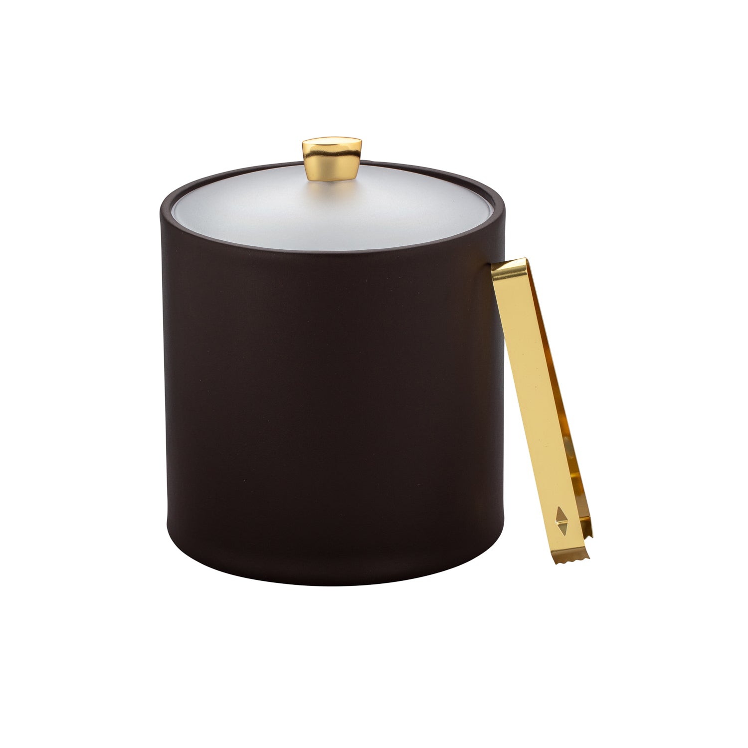 Chocolate | 3QT premium ice bucket with a frosted acrylic cover and polished gold arc knob detail.