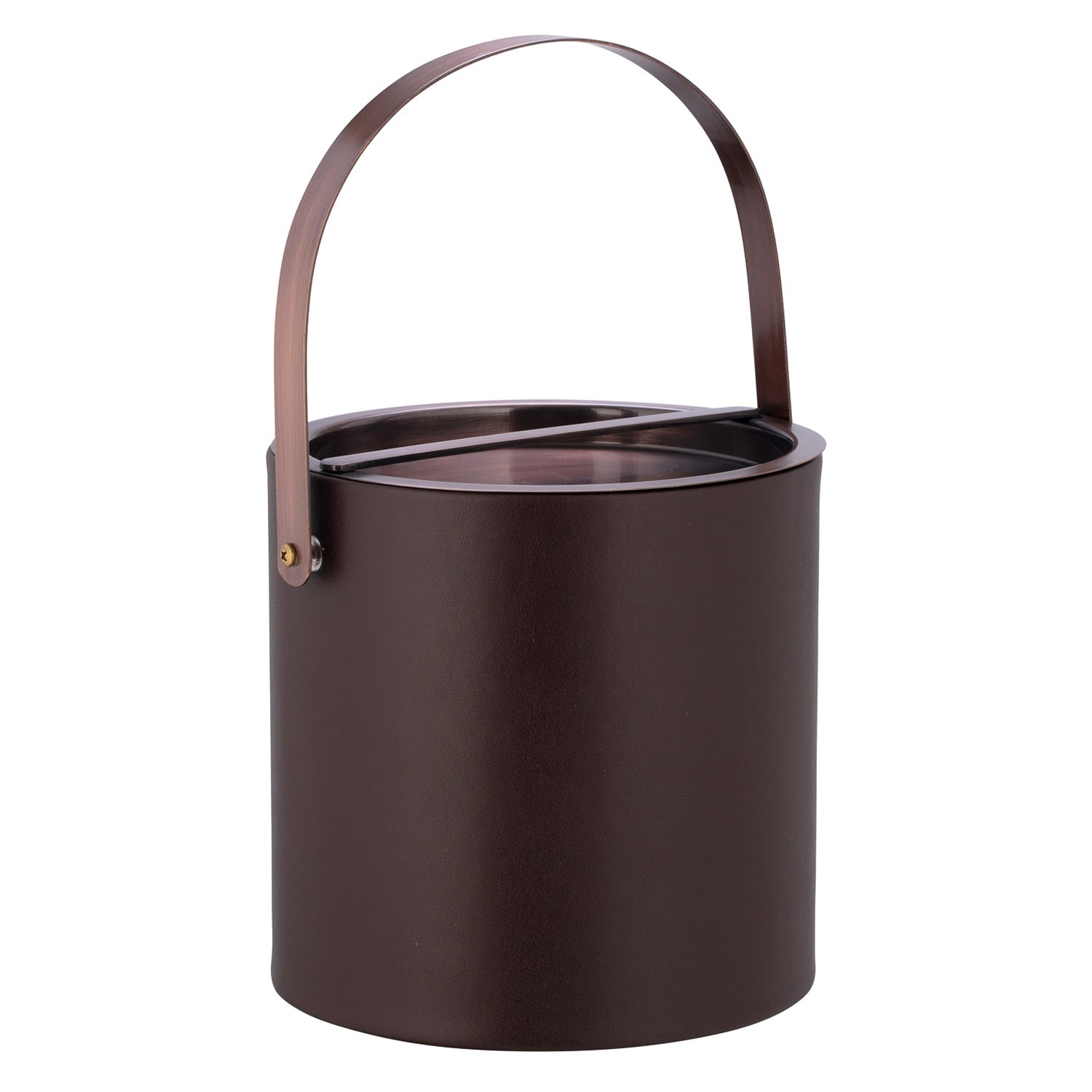 Chocolate | Ice bucket designed with oil rubbed bronze bridge cover and ergonomic arch handle for entertaining.