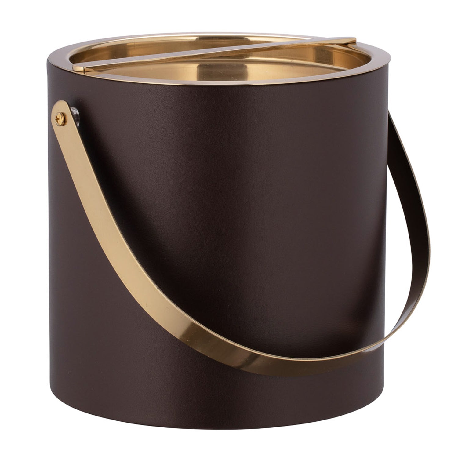 Chocolate | Stylish brown leatherette ice bucket with gold lid and handle.