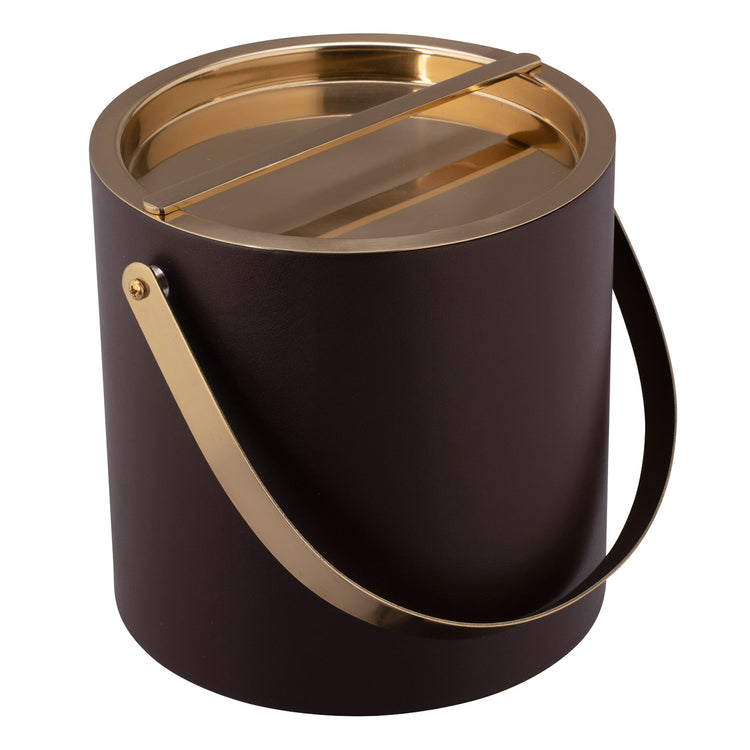 Chocolate | Gold-topped leatherette ice bucket with a polished gold arch handle.