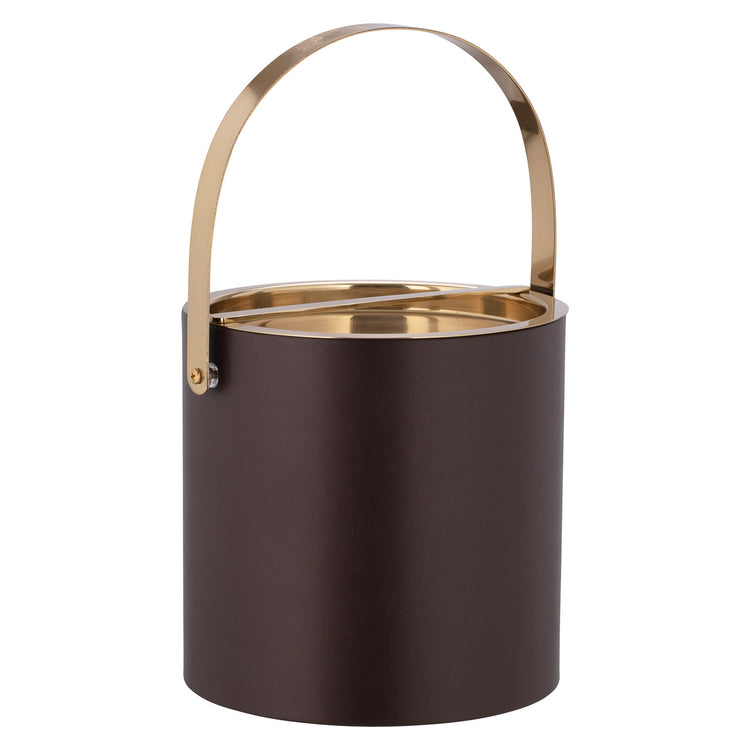 Chocolate | Ice bucket with brown leatherette finish and polished gold hardware.