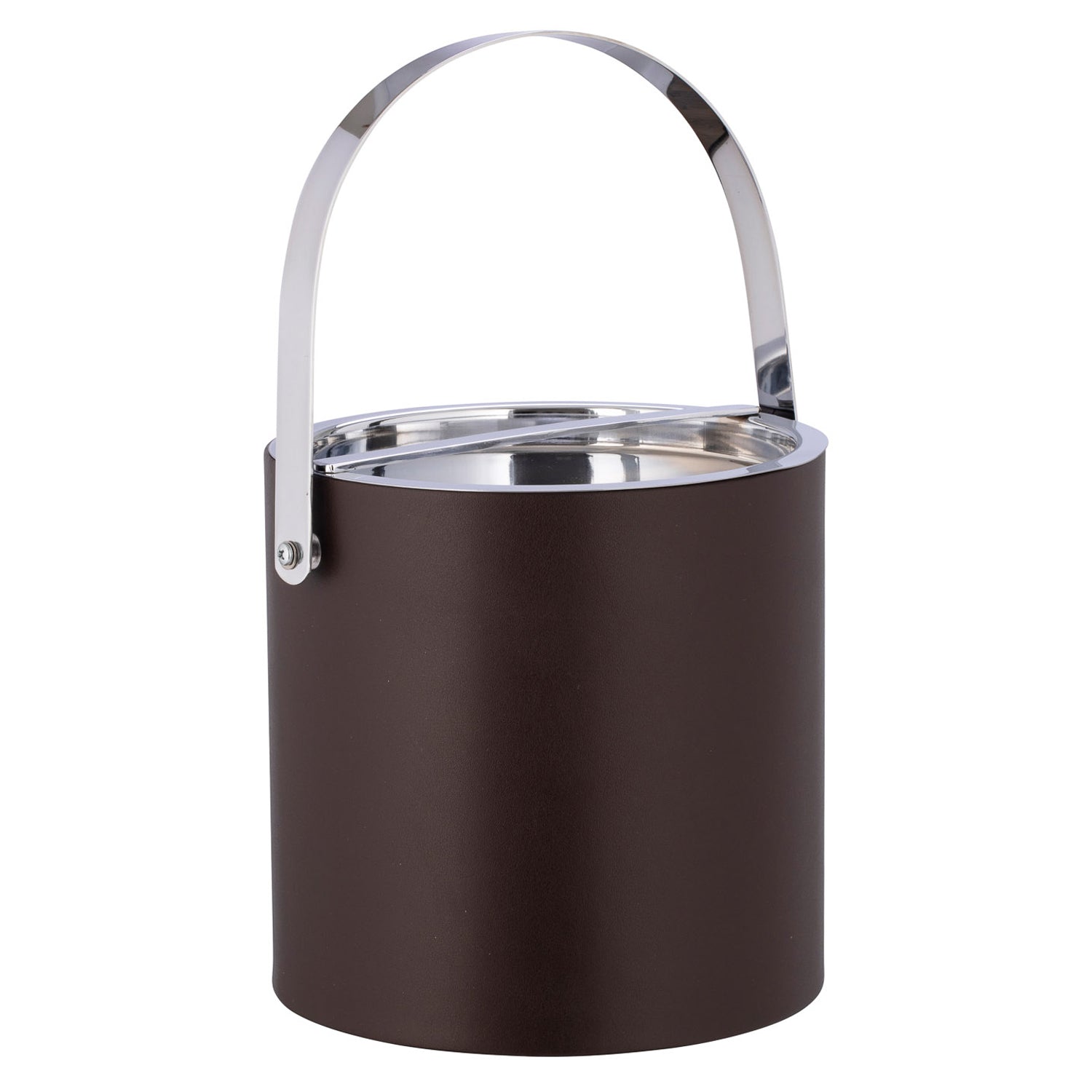 Chocolate | Brown leatherette ice bucket polished chrome bridge cover and arch handle up.